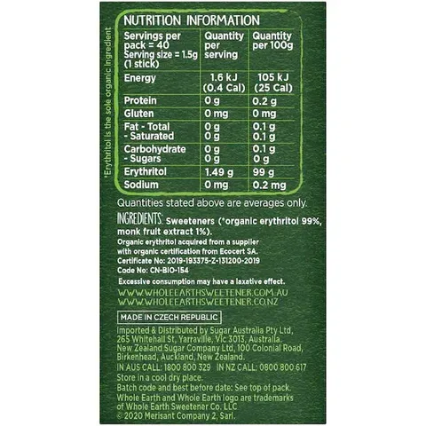 Đường Thay Thế Monk Fruit Whole Earth Hộp 40 Stick