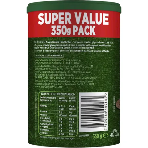 Đường Stevia Hữu Cơ Whole Earth - Thay Thế Đường Ngọt, Thích Hợp Cho Người Giảm Cân, Kiểm Soát Calo, Vị Ngọt Dễ Chịu