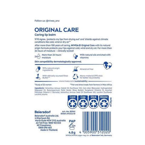 Son Dưỡng Môi NIVEA Australia Lip Bill 4.8g - Dưỡng Ẩm, Phục Hồi Môi Khô, Lót Son Màu, Chứa Vitamin E