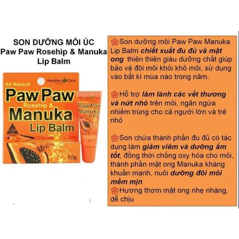 Son Dưỡng Môi Từ Paw Paw Rosehip & Mật Ong Manuka – Healthy Care Lip Balm 10g Giúp Môi Luôn Căng Mịn