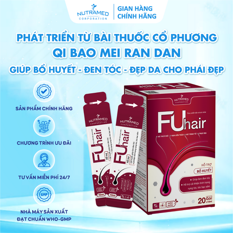 Gói uống Fuhair hỗ trợ bổ huyết, làm đen tóc, đẹp da cho phụ nữ (Hộp 20 gói x 10ml) - Nutramed