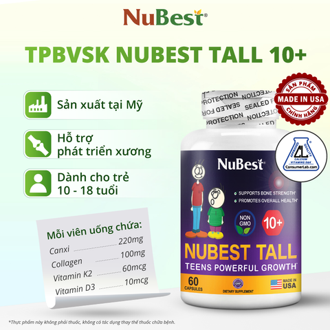 NuBest Tall 10+ Thực Phẩm Bảo Vệ Sức Khỏe - Cho Độ Tuổi từ 10 đến 18 - 60 Viên/Lọ
