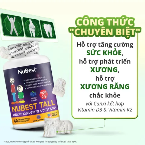 NuBest Tall Kids Thực Phẩm Bảo Vệ Sức Khỏe Hỗ Trợ Phát Triển Xương, Giúp Xương Chắc Khỏe Cho Trẻ từ 2-9 Tuổi (Viên Nhai)