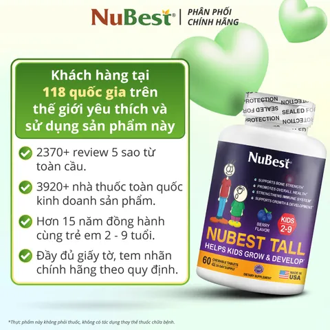 NuBest Tall Kids Thực Phẩm Bảo Vệ Sức Khỏe Hỗ Trợ Phát Triển Xương, Giúp Xương Chắc Khỏe Cho Trẻ từ 2-9 Tuổi (Viên Nhai)