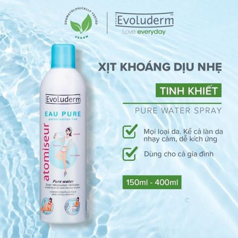 Xịt Khoáng Evoluderm Atomiseur Eau Pure 150ml - Dưỡng Ẩm Làm Dịu Da Hiệu Quả, Phù Hợp Mọi Loại Da, Sảng Khoái Sau Khi Trang Điểm