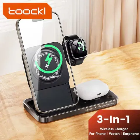 Sạc Nhanh Không Dây 3in1 Toocki - Sạc 15W An Toàn, Gọn Gàng, Tương Thích iPhone, Samsung, Đồng Hồ Thông Minh