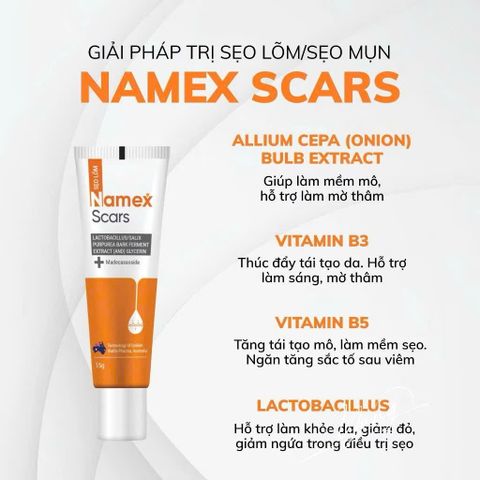 Gel Hỗ Trợ Namex Scars - Kem Giảm Sẹo Lồi, Lõm, Mờ Thâm Mụn 15g - Hỗ Trợ Làm Mịn Da, Phục Hồi Tình Trạng Da Sau Mụn