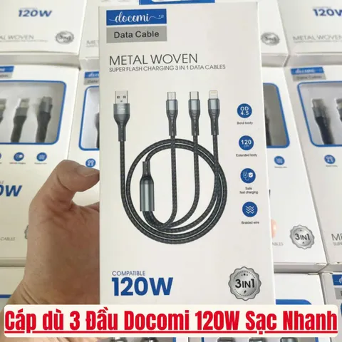 Cáp Sạc Nhanh 3 Đầu Docomi 120W - Hỗ Trợ Sạc Nhanh Chuẩn, Bảo Hành 6 Tháng - Cáp và Bộ Sạc Chính Hãng