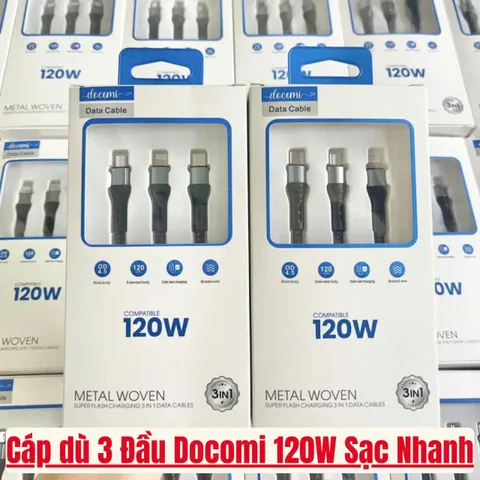 Cáp Sạc Nhanh 3 Đầu Docomi 120W - Hỗ Trợ Sạc Nhanh Chuẩn, Bảo Hành 6 Tháng - Cáp và Bộ Sạc Chính Hãng