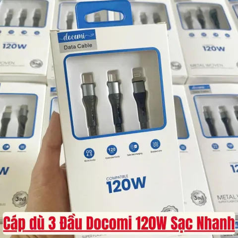 Cáp Sạc Nhanh 3 Đầu Docomi 120W - Hỗ Trợ Sạc Nhanh Chuẩn, Bảo Hành 6 Tháng - Cáp và Bộ Sạc Chính Hãng