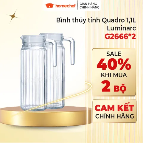 Bộ 2 Bình Thủy Tinh Đựng Nước Luminarc Quadro 1.1L G2666 - Cao Cấp, An Toàn, Thiết Kế Hiện Đại, Hàng Chính Hãng