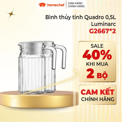 Bộ 2 Bình đựng Nước Thủy Tinh Luminarc Quadro 0.5L G2667 - Thiết Kế Hiện Đại, An Toàn Cho Sức Khỏe, Hàng Chính Hãng