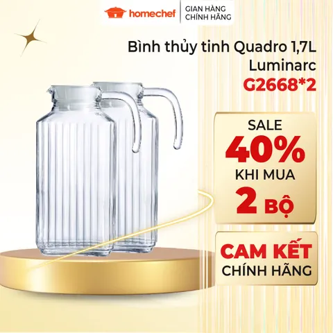 Bộ 2 Bình Đựng Nước Thủy Tinh Luminarc Quadro 1.7L G2668 - Hàng Chính Hãng, An Toàn và Tiện Lợi cho Bếp Nhà Bạn