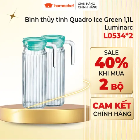 Bộ 2 Bình Thủy Tinh Luminarc Quadro Ice Green 1.1L - Thiết Kế Hiện Đại, An Toàn, Chống Xước, Dùng trong Máy Rửa Bát