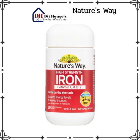 Viên Uống Bổ Sung Sắt Nature's Way Hight Strength Iron + Vitamin C & B12 - 30 Viên Tăng Cường Hồng Cầu, Miễn Dịch, Năng Lượng