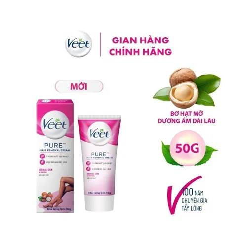 Kem tẩy lông Veet Pure 50g - Dành cho da thường, công thức cải tiến với Bơ hạt mỡ, hiệu quả chỉ trong 3 phút, làn da mềm mại tự nhiên