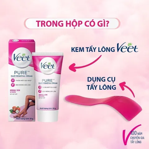 Kem tẩy lông Veet Pure 50g - Dành cho da thường, công thức cải tiến với Bơ hạt mỡ, hiệu quả chỉ trong 3 phút, làn da mềm mại tự nhiên