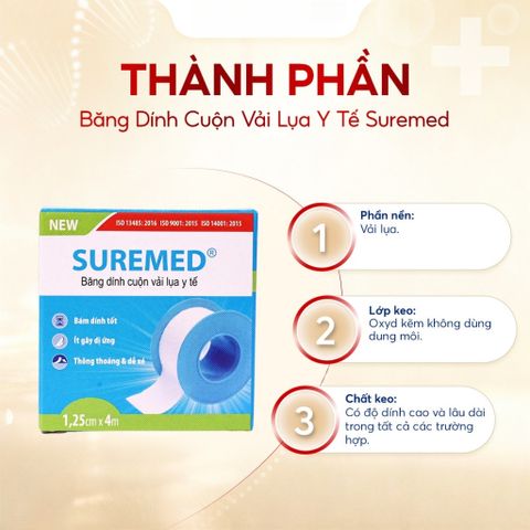 Băng Dính Cuộn Vải Lụa Y Tế Suremed Combo 3 Cuộn 1.25x4m - Chất lượng cao, an toàn cho da nhạy cảm, dùng cho vết thương và y tế