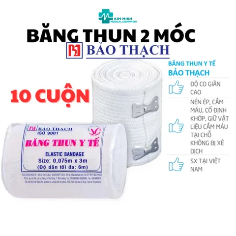 Bịch 10 Cuộn Băng Thun Y Tế Bảo Thạch 2 Móc - Độ Co Dãn Cao, Giặt Được, Dùng Trong Bệnh Viện, Hỗ Trợ Chấn Thương