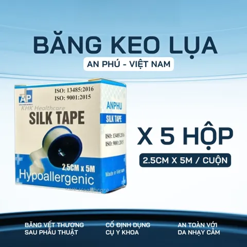 Combo 5 Cuộn Băng Keo Lụa An Phú 2,5cm x 5m - Băng Vết Thương Sau Phẫu Thuật, Dính Chắc, Thoáng Da, Không Gây Dị Ứng