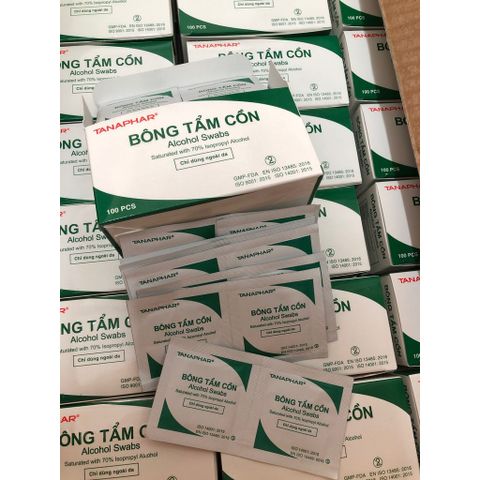 Hộp 100 Miếng Bông Tẩm Cồn TANAPHAR - Dụng Cụ Vệ Sinh Khử Trùng Da Trước Khi Tiêm, Sử Dụng 1 Lần, Phù Hợp Cho Cơ Sở Y Tế