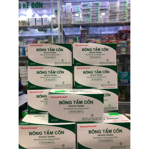 Hộp 100 Miếng Bông Tẩm Cồn TANAPHAR - Dụng Cụ Vệ Sinh Khử Trùng Da Trước Khi Tiêm, Sử Dụng 1 Lần, Phù Hợp Cho Cơ Sở Y Tế