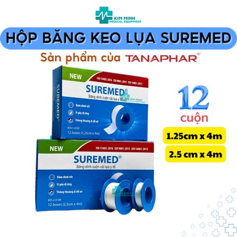 Hộp 12 Cuộn Băng Keo Dính Vải Lụa Y Tế SUREMED - Băng Keo Silk Tape An Toàn Cho Da, Phù Hợp Với Người Lớn & Trẻ Em