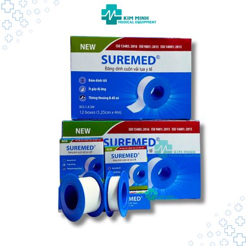 Hộp 12 Cuộn Băng Keo Dính Vải Lụa Y Tế SUREMED - Băng Keo Silk Tape An Toàn Cho Da, Phù Hợp Với Người Lớn & Trẻ Em