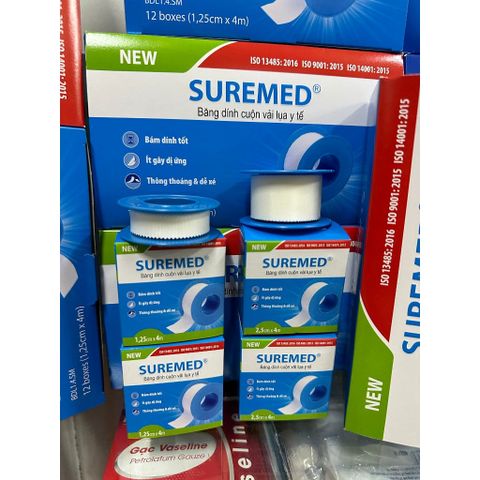 Hộp 12 Cuộn Băng Keo Dính Vải Lụa Y Tế SUREMED - Băng Keo Silk Tape An Toàn Cho Da, Phù Hợp Với Người Lớn & Trẻ Em