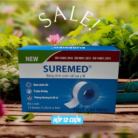 Hộp 12 Cuộn Băng Keo Dính Vải Lụa Y Tế SUREMED - Băng Keo Silk Tape An Toàn Cho Da, Phù Hợp Với Người Lớn & Trẻ Em