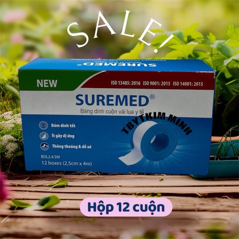 Hộp 12 Cuộn Băng Keo Dính Vải Lụa Y Tế SUREMED - Băng Keo Silk Tape An Toàn Cho Da, Phù Hợp Với Người Lớn & Trẻ Em