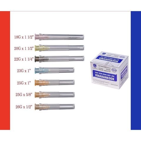 Hộp 100 cây đầu kim tiêm y tế Vinahankook 18G 20G 23G 25G 26G - Kim chích vaccine và thuốc an toàn, chất lượng cao