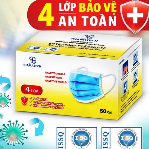 Khẩu Trang Y Tế 4 Lớp Phamatech Kháng Khuẩn - Bảo Vệ Sức Khỏe Chống Tia UV, Lọc Vi Khuẩn - Hộp 50 Chiếc