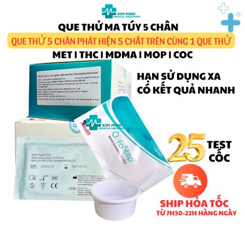 Hộp Test Nhanh Ma Túy Tổng Hợp 5 Chân Fastep - Phát Hiện MOP, MET, MDMA, THC, COC - 25 Que Xét Nghiệm An Toàn Tại Nhà