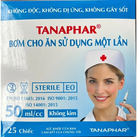 Hộp 25 Bơm Tiêm 50ml/cc Đầu Lớn Không Kim TANAPHAR - Vô Trùng, Tiệt Trùng Ethylene Oxide, Sử Dụng Một Lần
