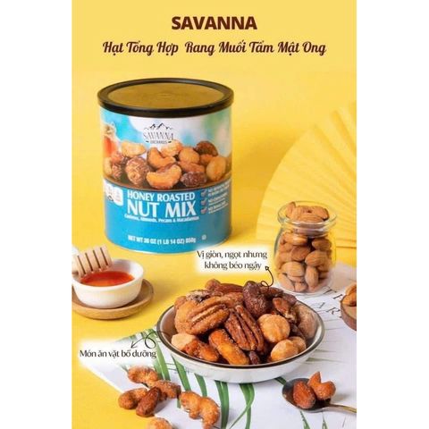 Hạt Hỗn Hợp Tẩm Mật Ong Savanna 850g - Hạt Điều, Hạt Hạnh Nhân, Hạt Dẻ, Hạt Hồ Đào - Snack Lành Mạnh Tốt Cho Giảm Cân
