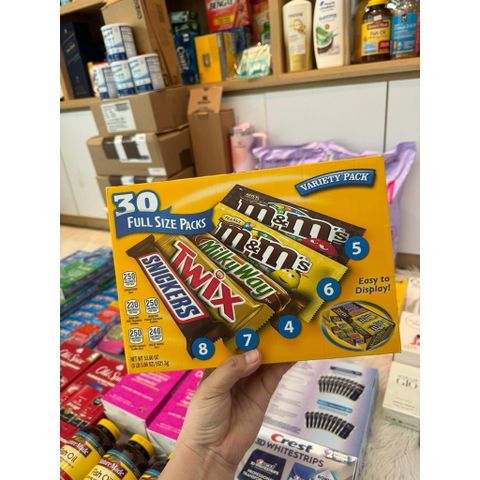 Hộp kẹo socola M&M MARS 30 gói - Gồm Snickers, Twix, M&Ms nhân đậu phộng, M&Ms sữa, Milky Way - Hàng xách tay Mỹ 1.521kg