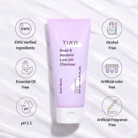 Sữa Rửa Mặt Tia'm Snail & Azulene Low PH 200ml - Làm Sạch Dịu Nhẹ, Cung Cấp Độ Ẩm Cho Da Nhạy Cảm, Dịch Lọc Ốc Sên Chống Oxy Hóa