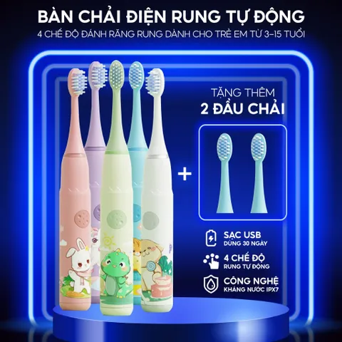 Bàn Chải Điện BRUMIVO Chống Nước Cho Bé - Lông Mềm, Sạc USB, Thiết Kế Hoạt Hình Dễ Thương, Dành Cho Trẻ Từ 3 Tuổi