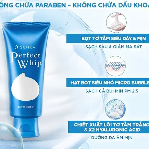 Sữa Rửa Mặt Tạo Bọt Senka Perfect Whip 120g - Chiết Xuất Tơ Tằm Trắng, Dưỡng Ẩm và Làm Sáng Da, Phù Hợp Với Da Mụn