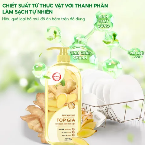 Nước Rửa Chén Bát TopGia 1kg - Hương Chanh, Gừng & Bưởi Hồng - Sạch Dầu Mỡ, Dịu Nhẹ Da Tay, Thân Thiện Với Môi Trường