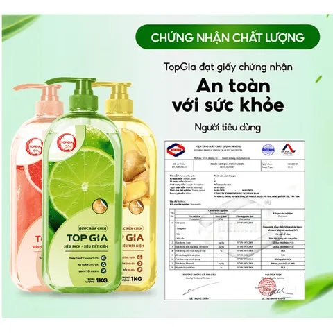 Nước Rửa Chén Bát TopGia 1kg - Hương Chanh, Gừng & Bưởi Hồng - Sạch Dầu Mỡ, Dịu Nhẹ Da Tay, Thân Thiện Với Môi Trường