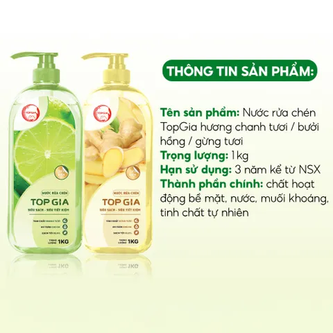 Nước Rửa Chén Bát TopGia 1kg - Hương Chanh, Gừng & Bưởi Hồng - Sạch Dầu Mỡ, Dịu Nhẹ Da Tay, Thân Thiện Với Môi Trường