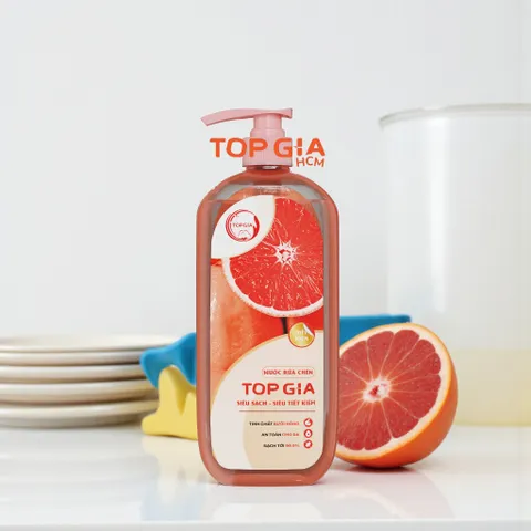 Nước Rửa Chén Bát TopGia 1kg - Hương Chanh, Gừng & Bưởi Hồng - Sạch Dầu Mỡ, Dịu Nhẹ Da Tay, Thân Thiện Với Môi Trường