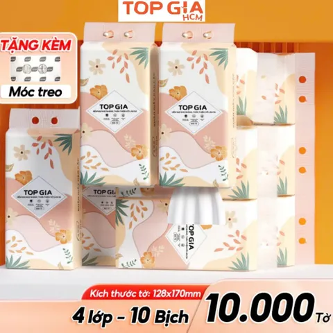 Khăn Giấy Top Gia Tiểu Hạ - Giấy Vệ Sinh Treo Tường 4 Lớp, 1000 Tờ, Tiện Lợi và Chất Lượng Cao - Gói 10 Bịch