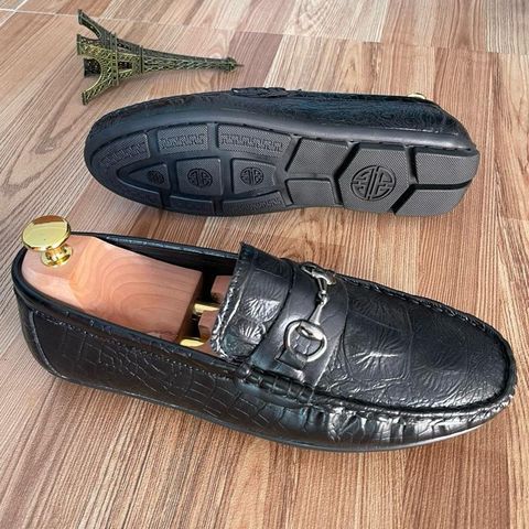 Giày Mocassin DAVINCIA Dập Vân Cá Sấu Đen - Giày Mọi Nam Da Microfiber Sang Trọng, Đế Cao Su Chắc Chắn