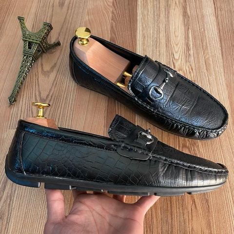 Giày Mocassin DAVINCIA Dập Vân Cá Sấu Đen - Giày Mọi Nam Da Microfiber Sang Trọng, Đế Cao Su Chắc Chắn