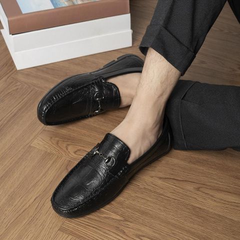 Giày Mocassin DAVINCIA Dập Vân Cá Sấu Đen - Giày Mọi Nam Da Microfiber Sang Trọng, Đế Cao Su Chắc Chắn