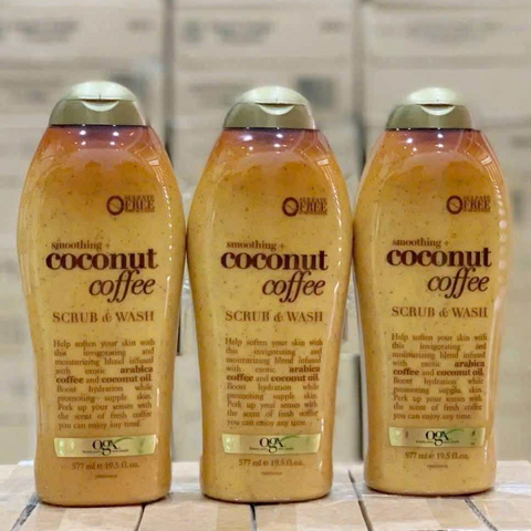 Sữa Tắm OGX Tẩy Tế Bào Dừa Cà Phê 577ml - Smoothing Coconut Coffee Scrub & Wash cho Da Mềm Mại và Khỏe Mạnh