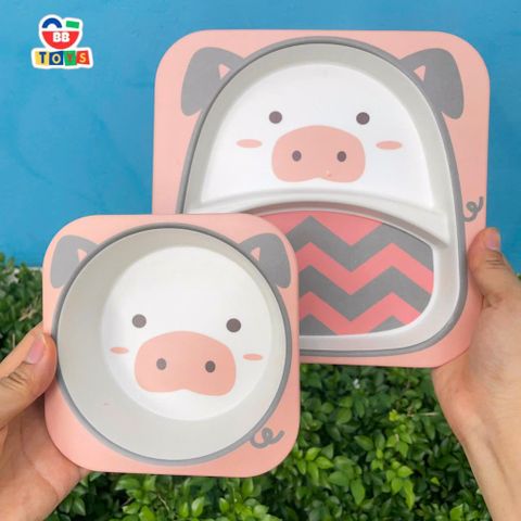 Khay Ăn Dặm Cho Bé Lợn Piggy - Bộ Bát Tăm Tre An Toàn, Thân Thiện Môi Trường, Quà Tặng Ý Nghĩa Cho Trẻ Nhỏ